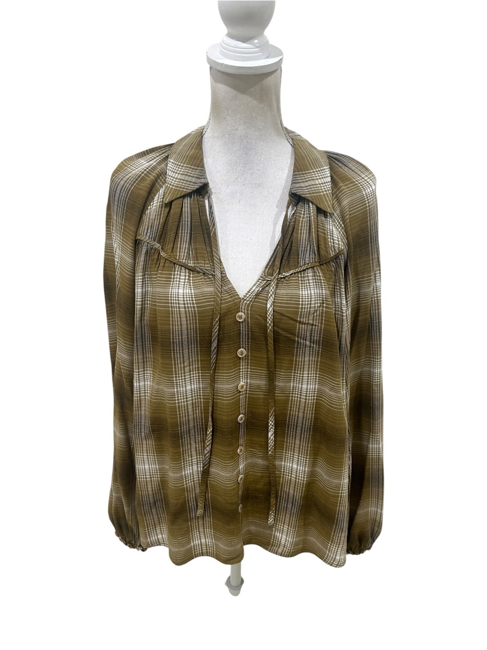 Blu Pepper Plaid Button-Down smocked peasant casual Shirt Tan Cream size small - Picture 5 of 12